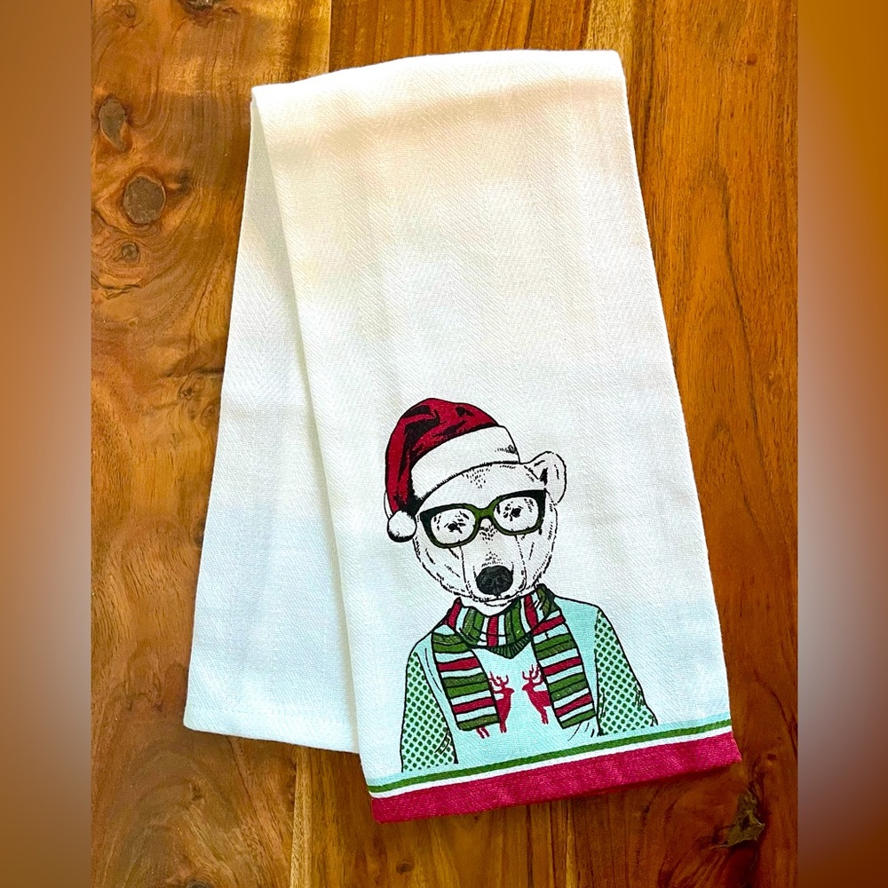 Cynthia Rowley Hipster Polar Bear Christmas Dish Towel NWOT Holiday Decor